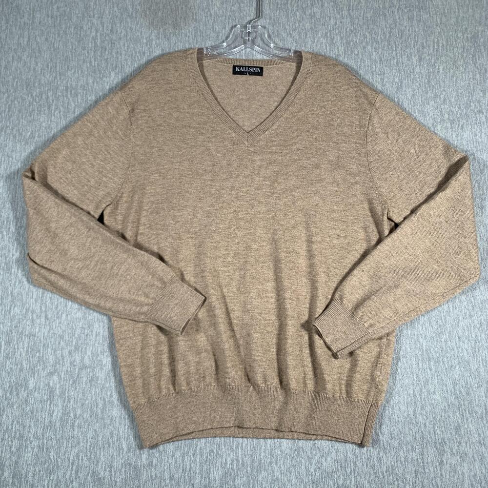 Kallspin Sweater Mens Large Tan Beige V Neck Cashmere Wool Blend Pullover